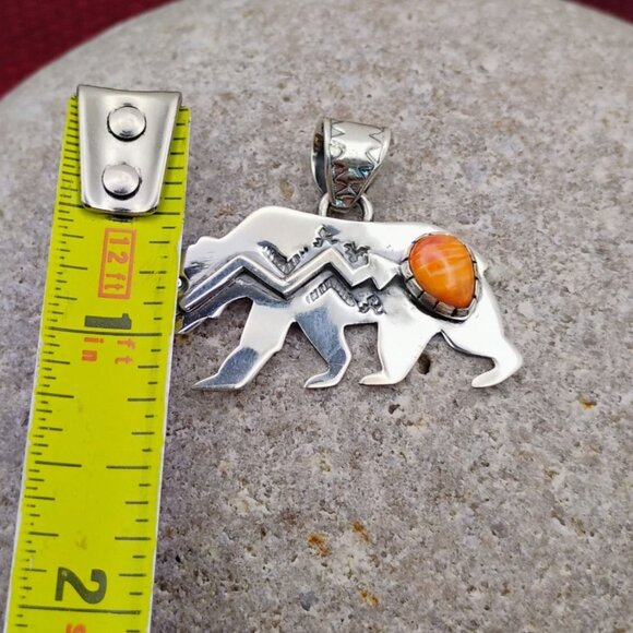 Unisex Southwest Native Style Bear Pendant Orange Spiny Oyster Sterling Silver - Picture 2 of 6